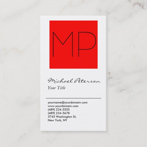 Trendy White Red Stripe Monogram Business Card