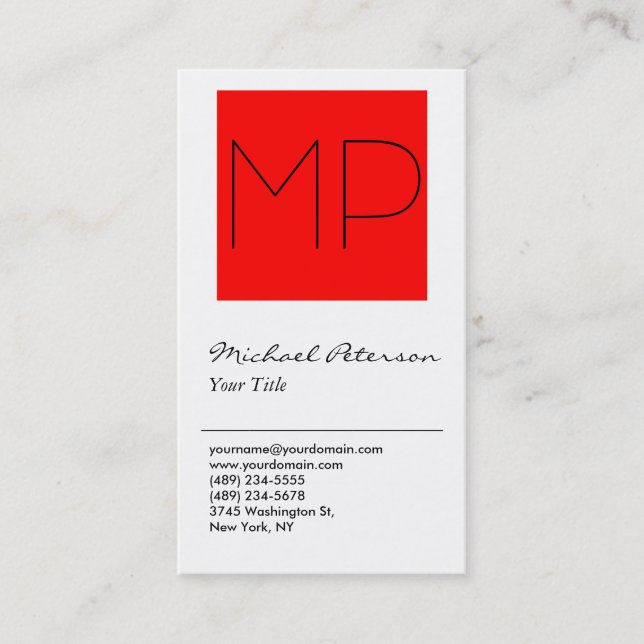 Trendy White Red Stripe Monogram Business Card (Front)