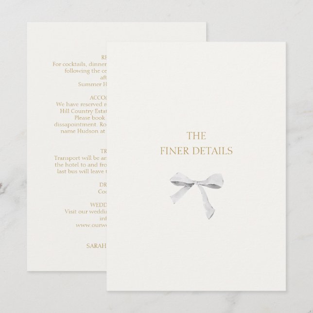 Trendy White Ribbon Wedding Details Enclosure Card (Front/Back)