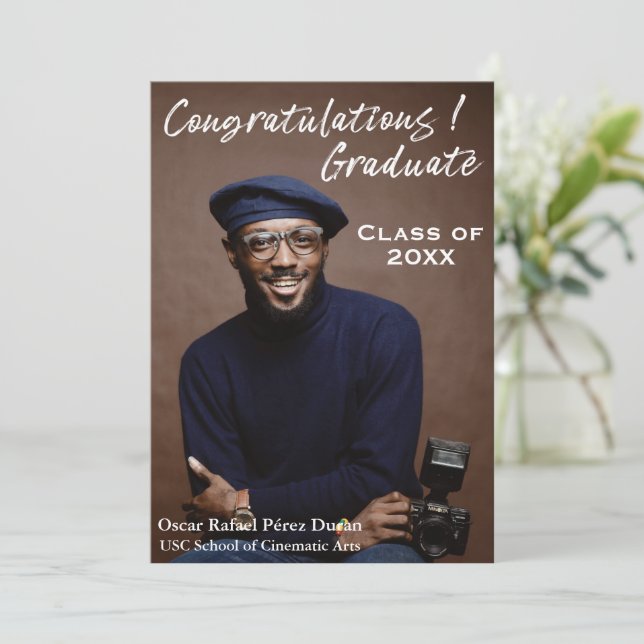 Trendy White Script Congratulations Graduate Photo Announcement (Standing Front)