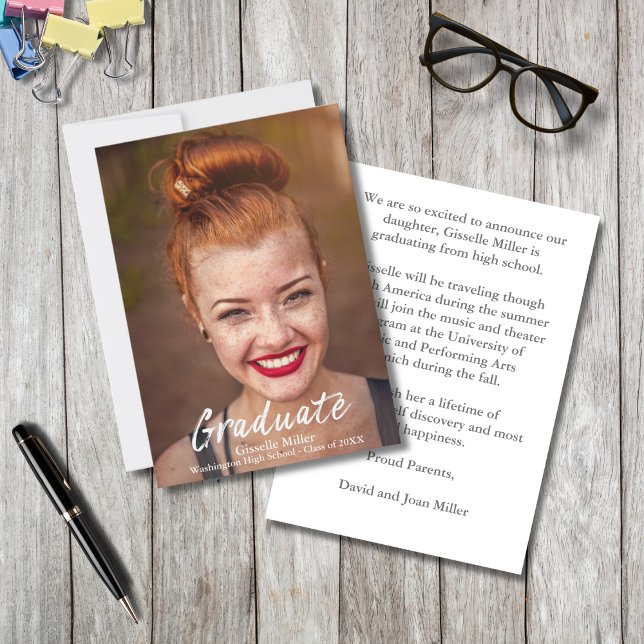 Trendy White Script Graduation Photo Announcement (Creator Uploaded)