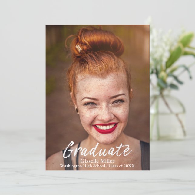 Trendy White Script Graduation Photo Announcement (Standing Front)
