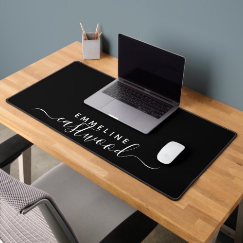 Trendy White Script Monogram On Black Desk Mat