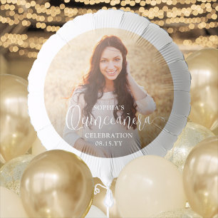 Trendy White Script Quinceañera Modern Photo Large Balloon