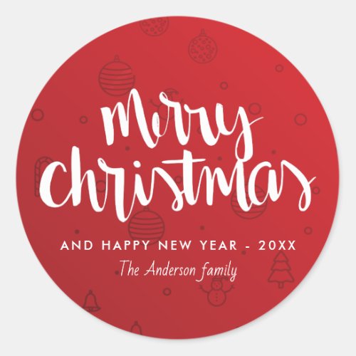 Trendy white script red merry christmas classic round sticker