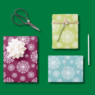 Trendy White Snowflakes pattern 3 colors Wrapping Paper Sheets
