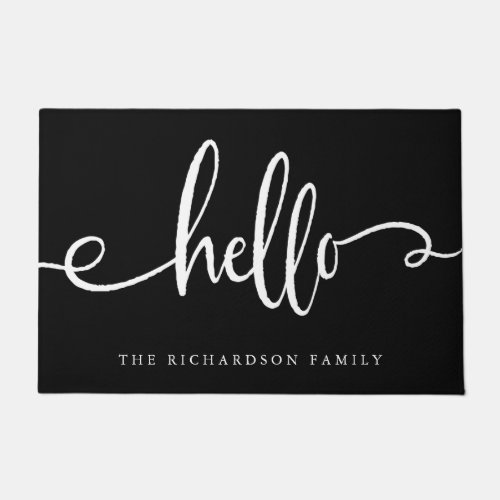 Trendy White Typography on Black  Hello Doormat