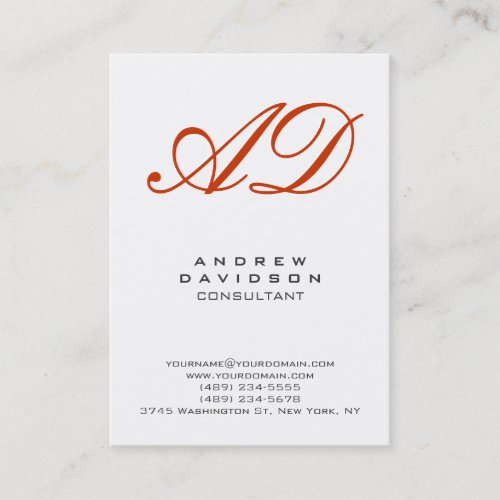 Trendy White Vertical Red Monogram Business Card