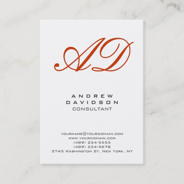 Trendy White Vertical Red Monogram Business Card (Front)