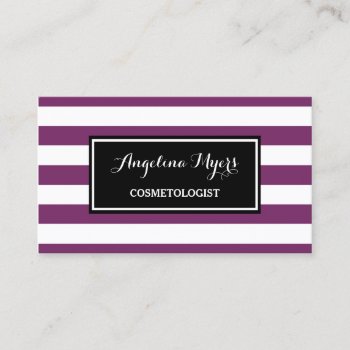 Trendy Wide Purple And White Stripes Cosmetologist Business Card by GirlyBusinessCards at Zazzle