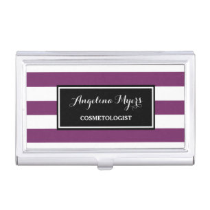 Trendy Wide Purple and White Stripes Cosmetologist Case For Business Cards