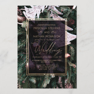 Trendy Winter Christmas Tree Gold Border Wedding Invitation