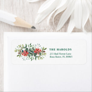 Trendy Winter Green Leaves with Red Flowers Label