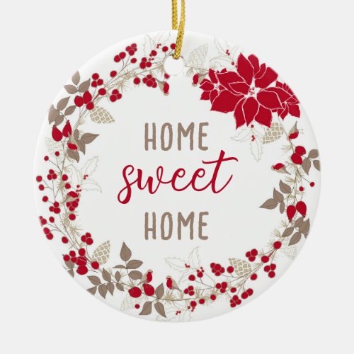 Trendy Winter Housewarming Invitation  Red Beige Ceramic Ornament