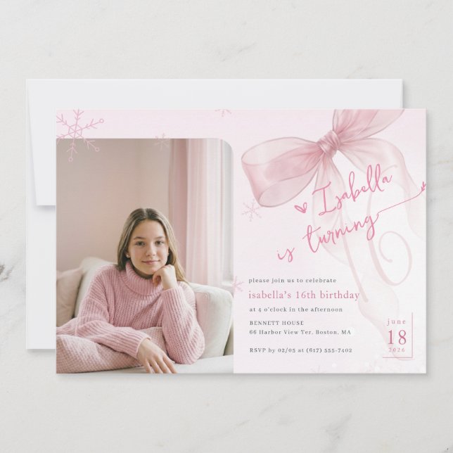 Trendy Winter Pink Bow Girl Photo 16th Birthday Invitation (Front)