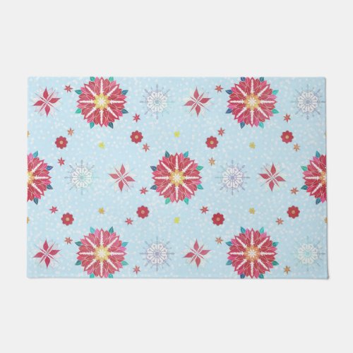 Trendy Winter Red Poinsettias White Snowflakes Doormat