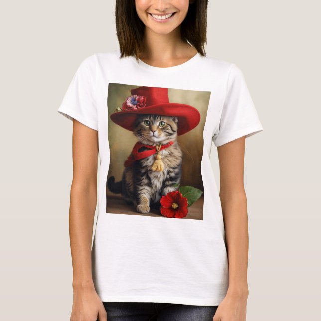 Trendy Women's T-Shirt Featuring Cool Cat with Red (Front)