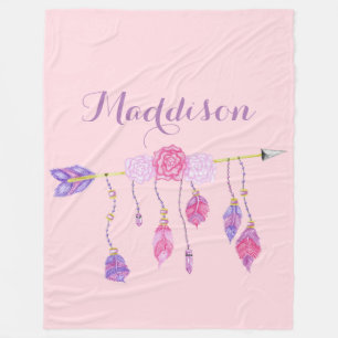Trendy Women's Teen Girls Boho Arrow Feather Rose Fleece Blanket