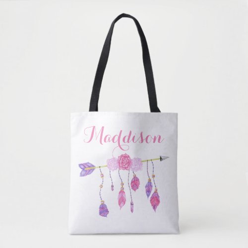 Trendy Womens Teen Girls Boho Arrow Feather Rose Tote Bag