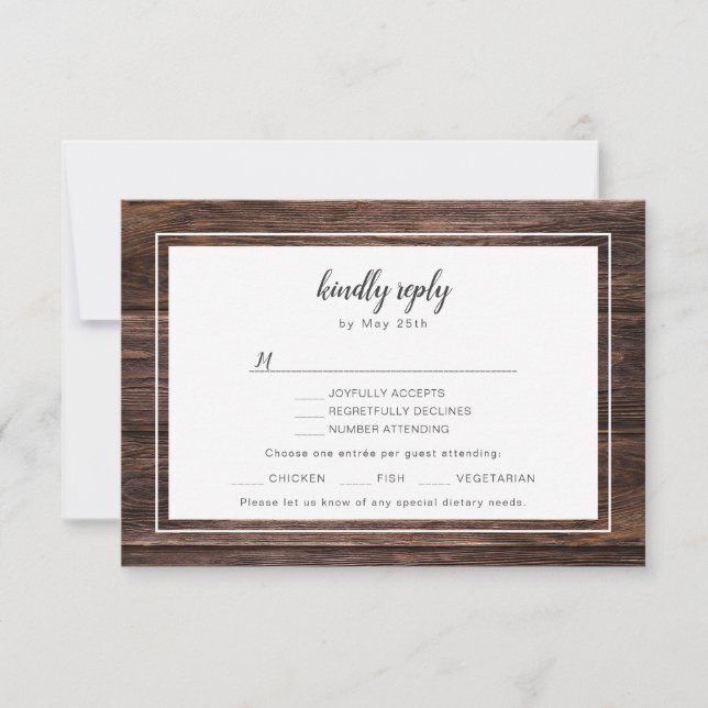 Trendy wood and lace wedding RSVP + entree choice Card (Front)