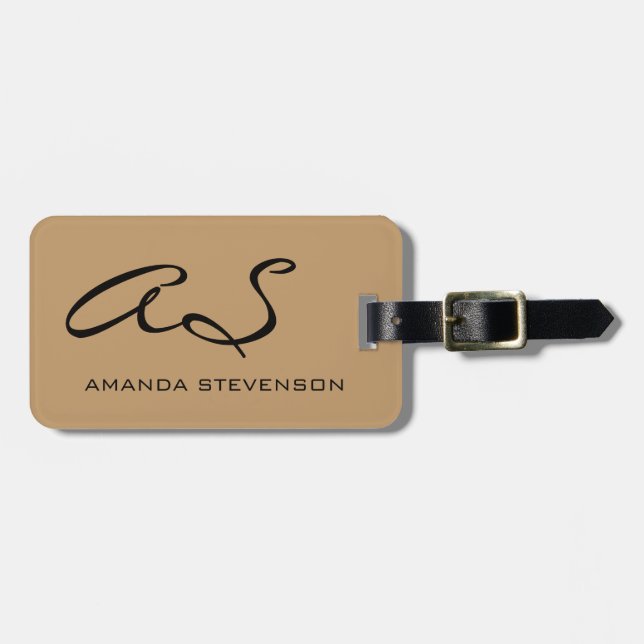 Trendy Wood Brown Script Monogram Luggage Tag (Front Horizontal)