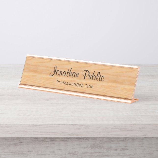 Trendy Wood Look Elegant Handwritten Template Desk Name Plate (Front)