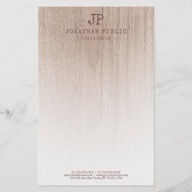 Trendy Wood Look Monogram Elegant Template Modern Stationery (Front)
