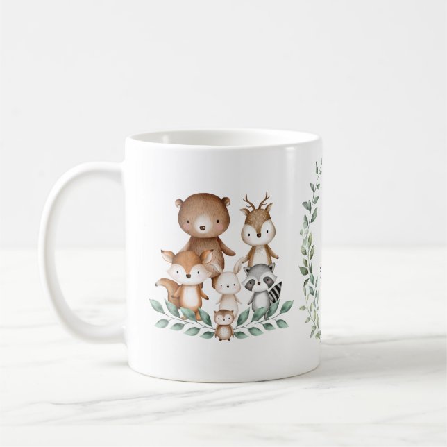 Trendy Woodland Animals Forest Greenery Monogram Coffee Mug (Left)