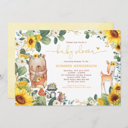 Trendy Woodland Animals Sunflower Baby Shower Invitation