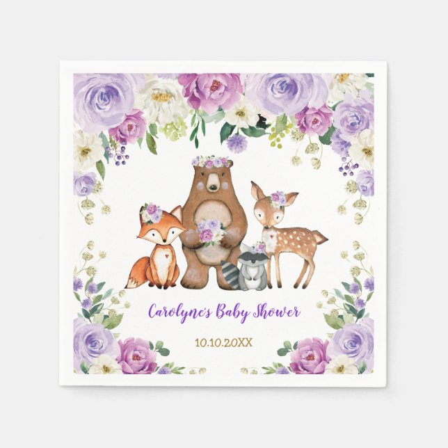 Trendy Woodland Baby Forest Animals Birthday Napkins (Front)