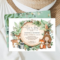 Trendy Woodland Greenery Animals Boy Baby Shower Invitation