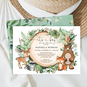 Trendy Woodland Greenery Animals Boy Baby Shower Invitation