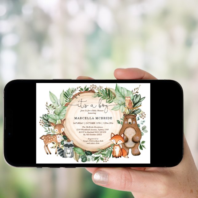 Trendy Woodland Greenery Animals Boy Baby Shower Invitation (Front Digital)