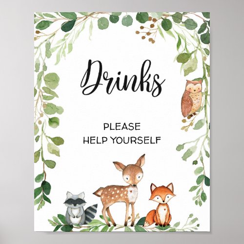 Trendy Woodland Modern Drinks Baby Shower Sign