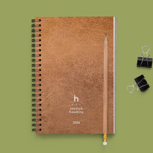 Trendy Worn Leather Modern Monogram Weekly Planner