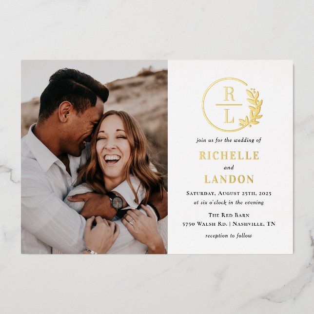 Trendy Wreath FOIL Photo Wedding Invitation Foil Invitation (Front)