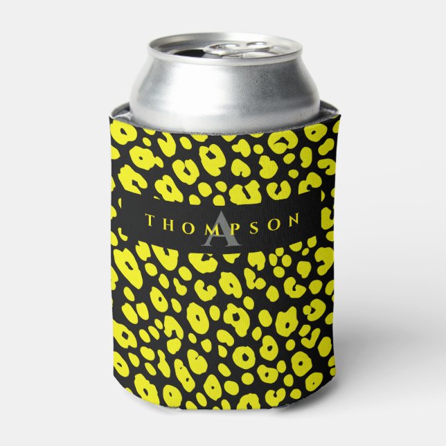 Trendy Yellow And Black Safari Jaguar Print Patter Can Cooler (Can Front)