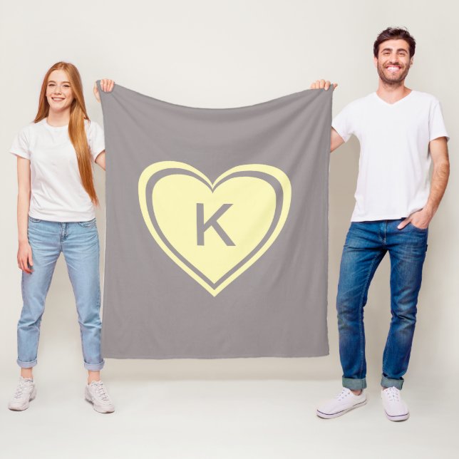 Trendy yellow and gray heart monogram Valentine`s Fleece Blanket (In Situ)