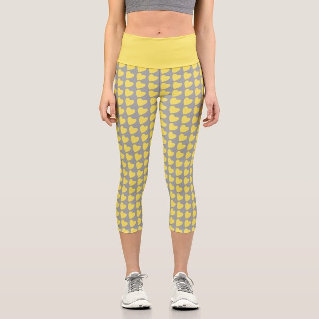 Trendy Yellow and Gray Heart Pattern Capri Leggings (Front)