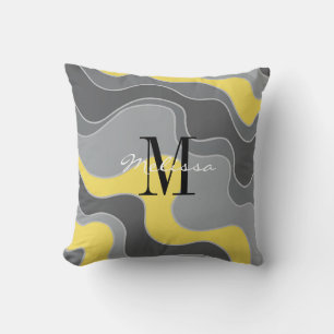 Trendy Yellow and Gray Ocean Waves Monogrammed Throw Pillow