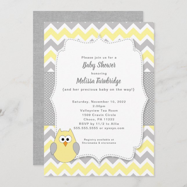 Trendy Yellow and Gray Owl Girl Baby Shower Invitation (Front/Back)