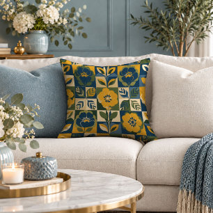 Trendy Yellow Blue Abstract Floral Throw Pillow