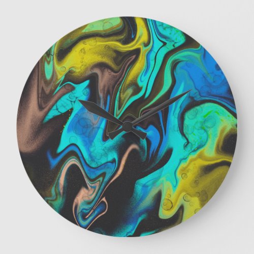 Trendy Yellow blue and black marbling design Large Clock