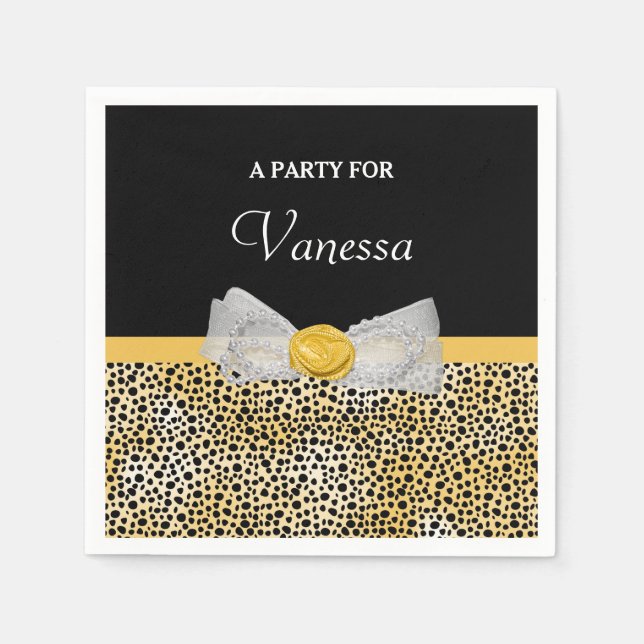Trendy Yellow Cheetah Print Fancy Bow and Name Paper Napkins (Front)