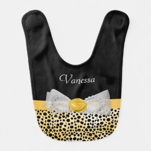 Trendy Yellow Cheetah Print Fancy Bow Baby Name Bib