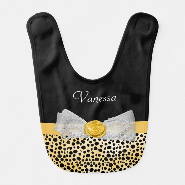 Trendy Yellow Cheetah Print Fancy Bow Baby Name Bib (Front)