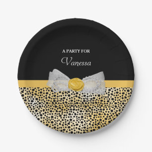 Trendy Yellow Cheetah Print Fancy Bow Party Name Paper Plates