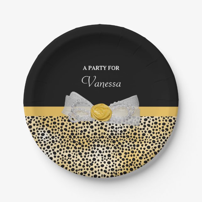 Trendy Yellow Cheetah Print Fancy Bow Party Name Paper Plates (Front)