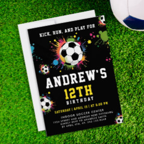 Trendy Yellow Colorful Soccer Ball Kid Party Invitation
