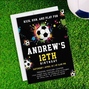Trendy Yellow Colorful Soccer Ball Kid Party Invitation